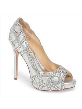Badgley Mischka Karma Ii Shimmer-suede Pump Platforms Silver Peep-Toe Heels 6.5
